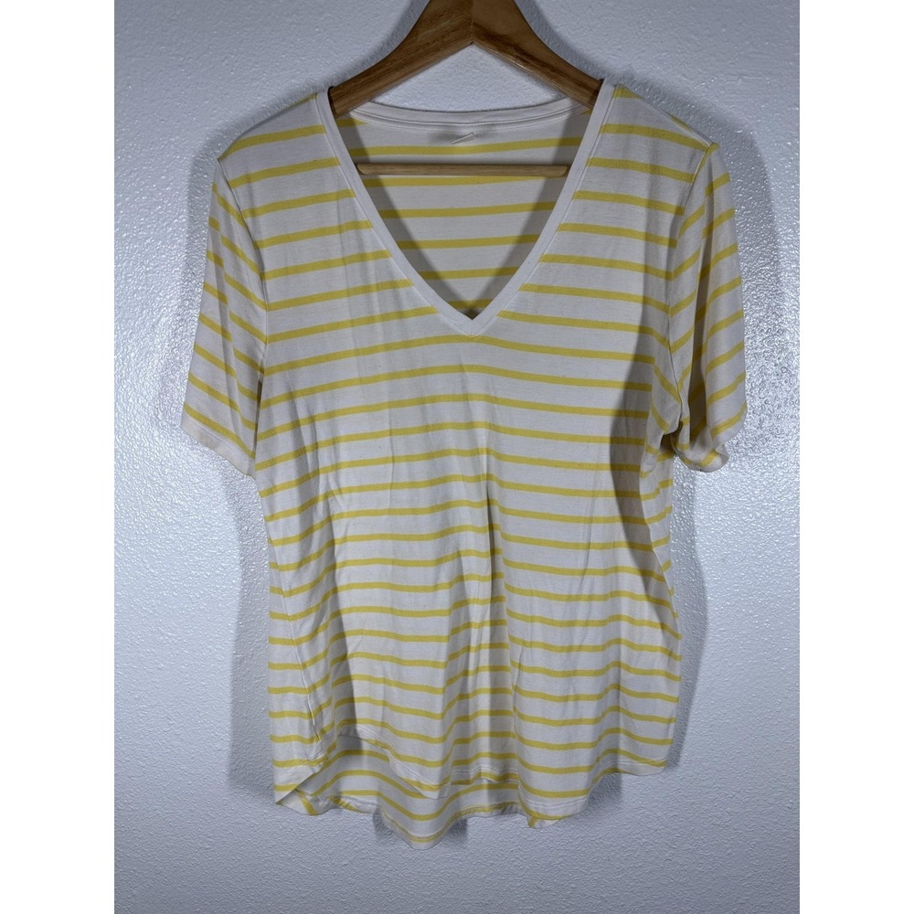 Old Navy‎ Shirt Womens Large White Yellow Stripe Luxe V Neck Short Sleeve